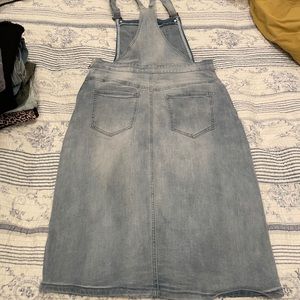 Modest light blue jean overall dress.